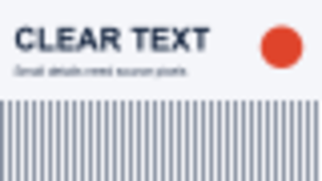 The same design after reduction to 80 by 45 and enlargement, showing softened text and lost stripe detail.